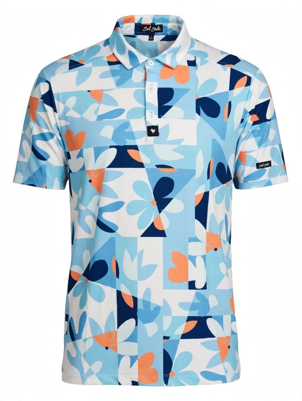 Bad Birdie Polo Shirt Mens Large Blue Orange Floral Geometric Print Golf Stretch